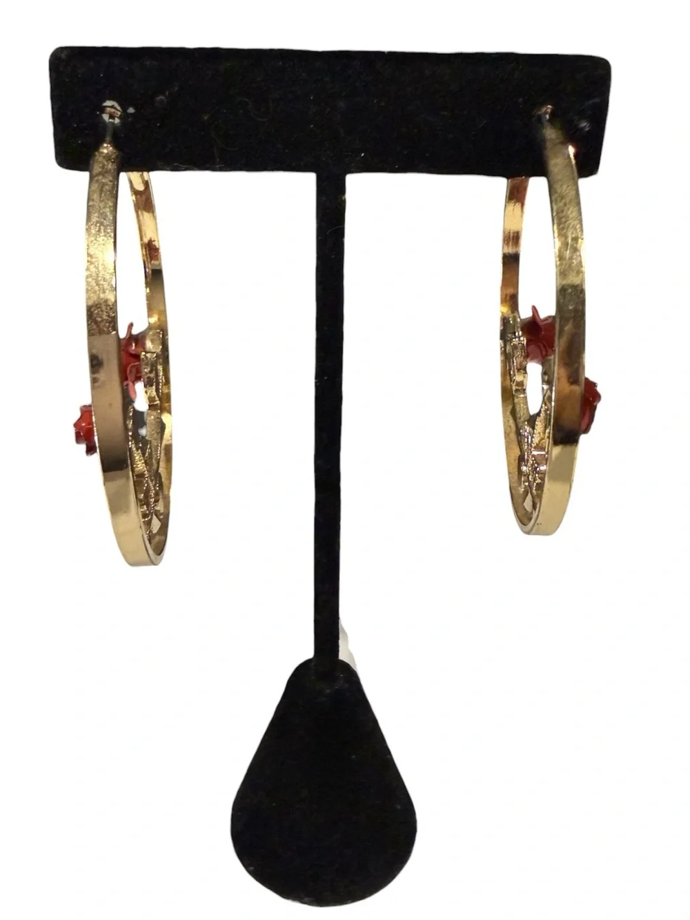 Gold Hoop Earrings Whimsical Cottagecore 3D Red Enamel Rose Vine